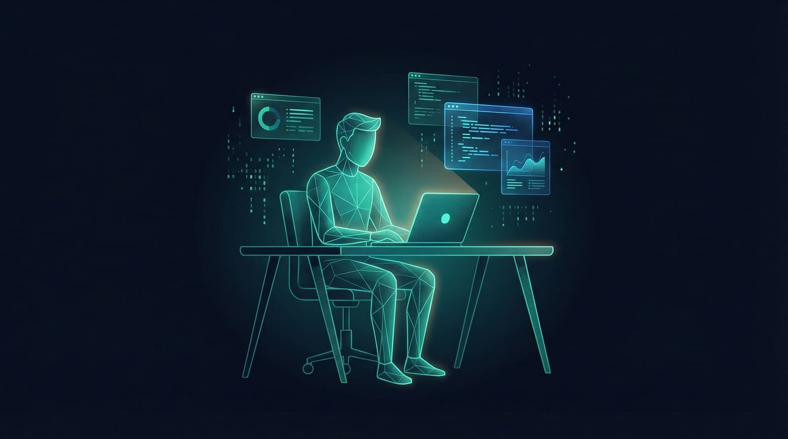 100 AI Agents Per Employee — a team of AI avatars working alongside humans in a modern office