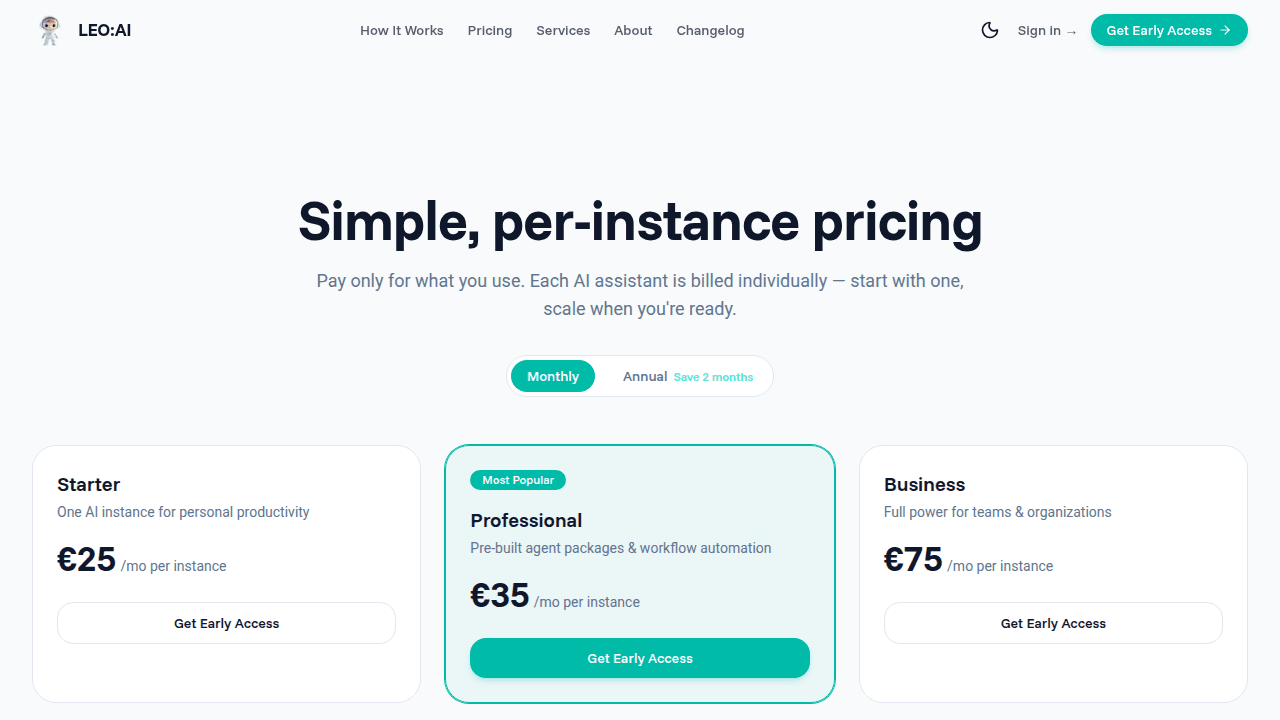openLEO pricing — Starter €25/mo, Professional €35/mo, Business €75/mo. Founding members get 50% off.